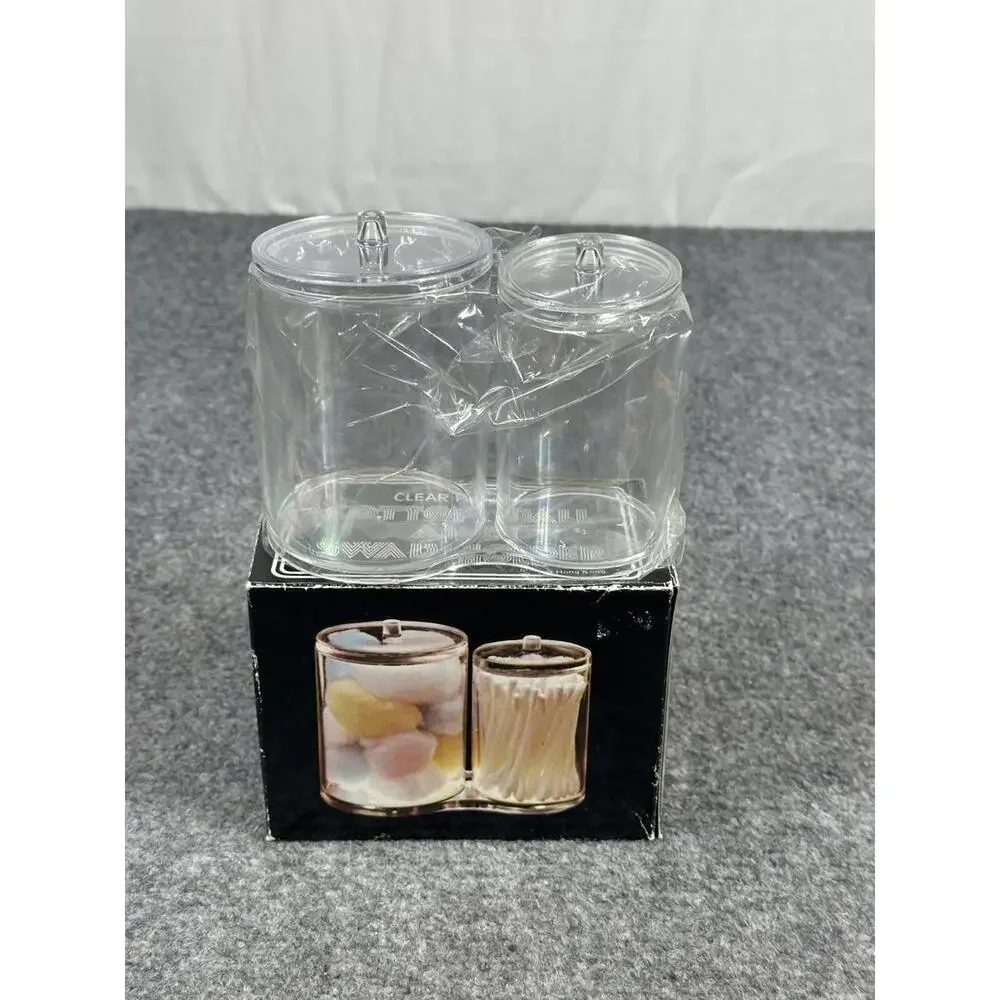 NEW Vintage Cotton‎ Ball & Swab QTip Holder Clear Plastic Lid Home Office NIB